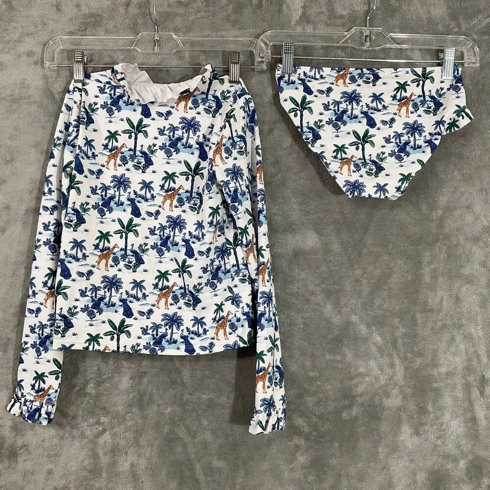 Janie and Jack Safari Toile Ruffle Rash Guard Swim Set girls size 10 swim ,surf,